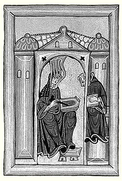 Bild: Hildegard von Bingen empfängt eine göttliche Inspiration (Miniatur aus dem Rupertsberger Codex des Liber Scivias)